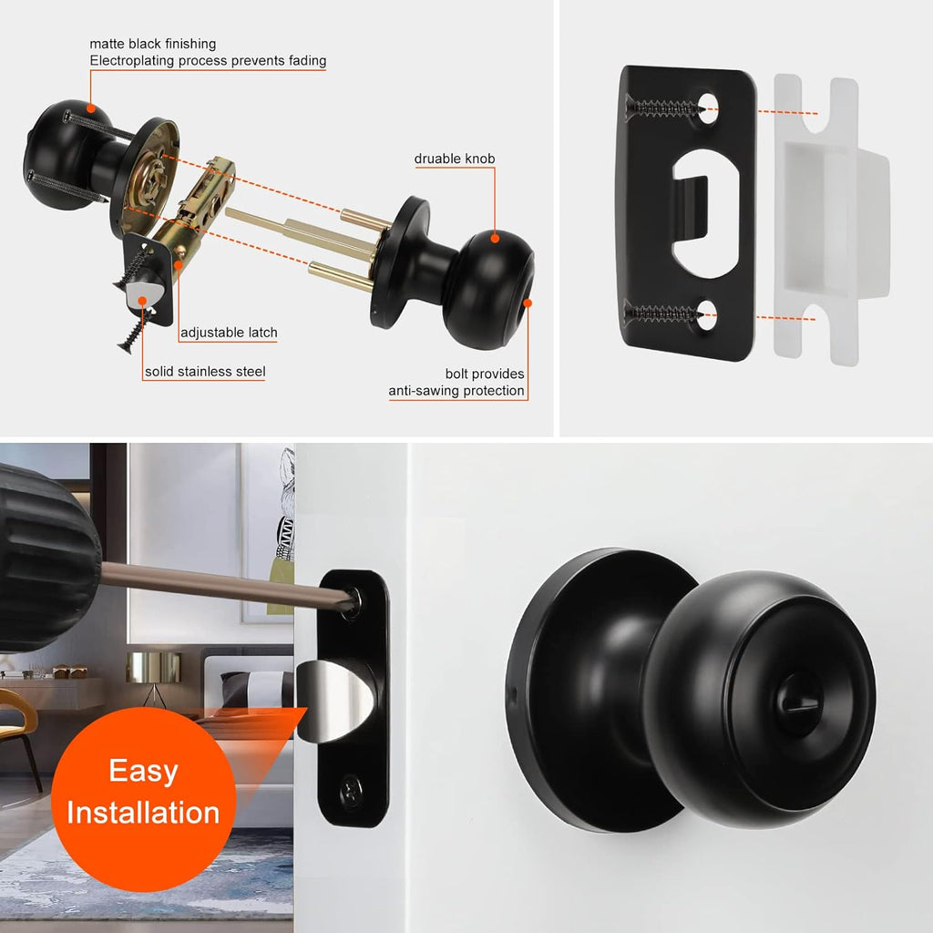 6 Pack Matte Black Door Knobs Interior Privacy, Black Interior Door Knobs or Bathroom Classic Round Doorknobs Hardware