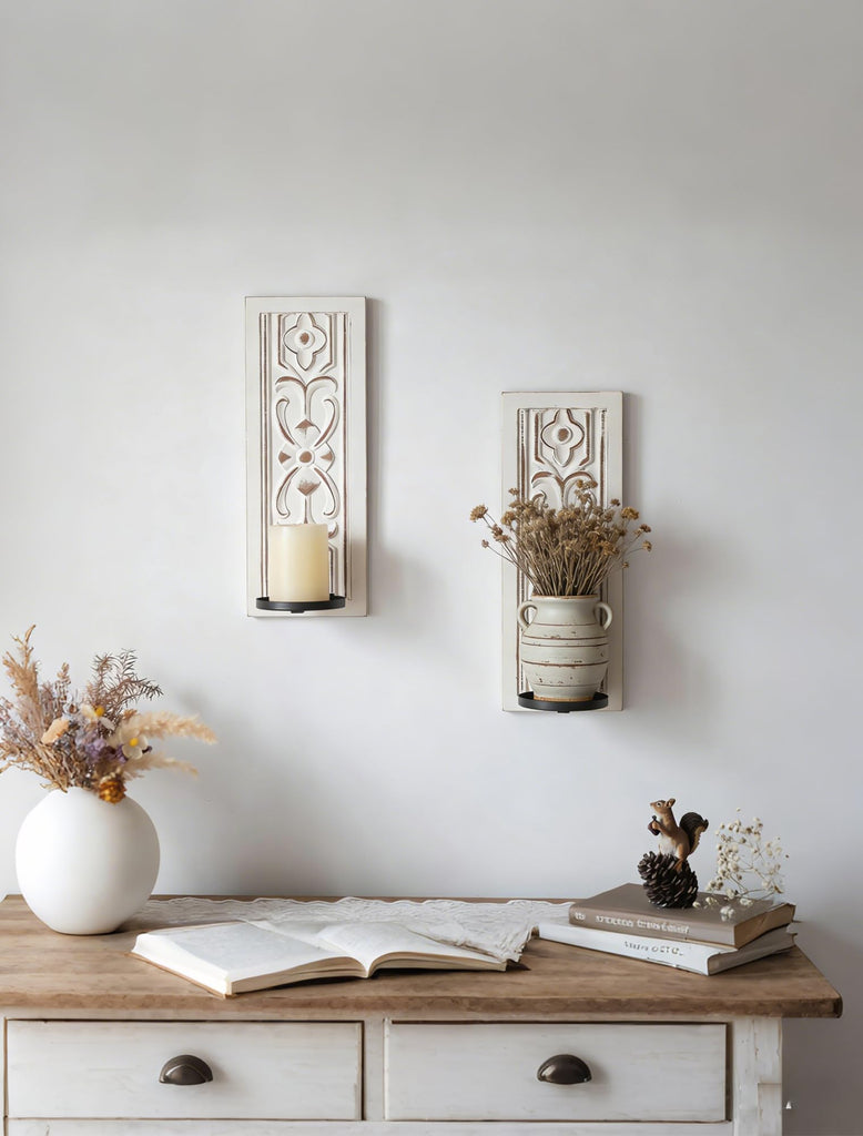 Whitewashed Wood Wall Candle Sconces Set of 2, Floral Design