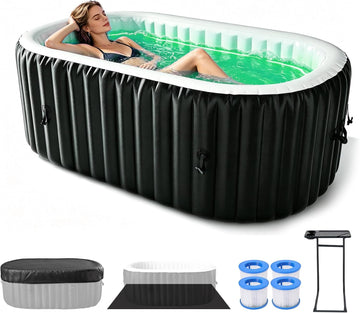 Inflatable Blow Up Hot Tub with LED Lights, 2 Person Oval Portable Hot Tub, Leak-Proof PVC Outdoor Spa with 100 Air