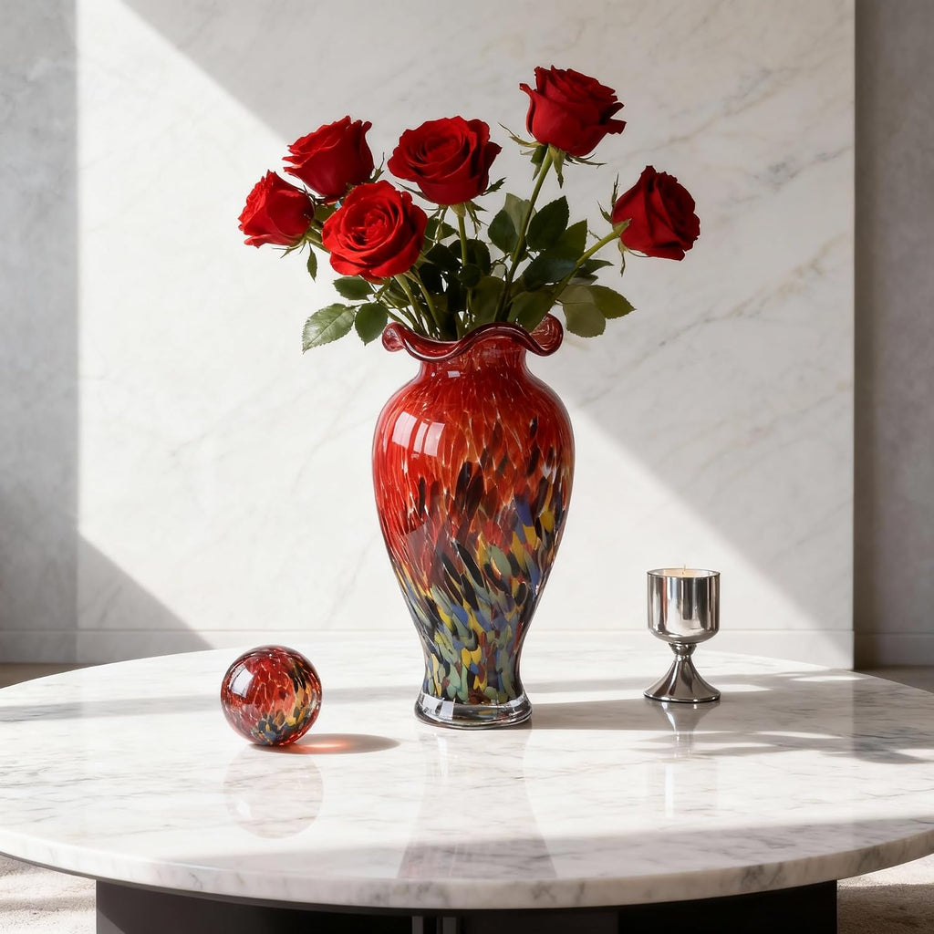 12.2H Murano Hand Blown Glass Vase, Ruffled Scalloped Rim Wide Mouth Colorful Decorative Flower Vase, Large Glass