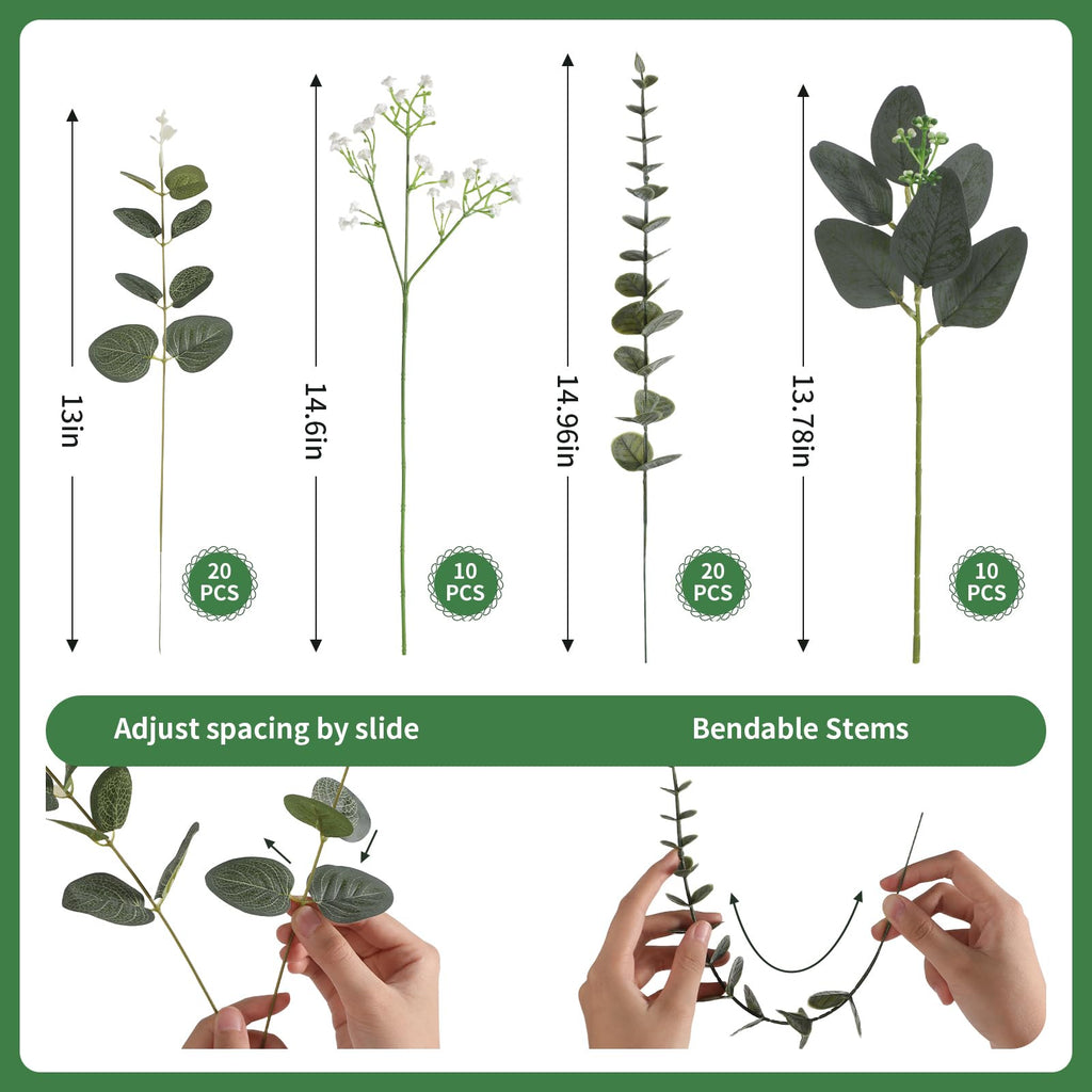 60 Pcs Mixed Artificial Eucalyptus Leaves Stems Bulk, Baby Breath Artificial Flowers Bulk with Eucalyptus Leaves