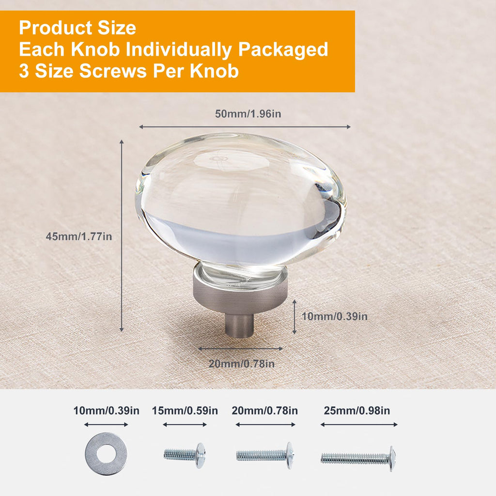 8 Pack Glass Cabinet Knobs and Pulls, Oval Crystal Knobs for Dresser Drawers, Brushed Nickel Kitchen Cabinet Knobs