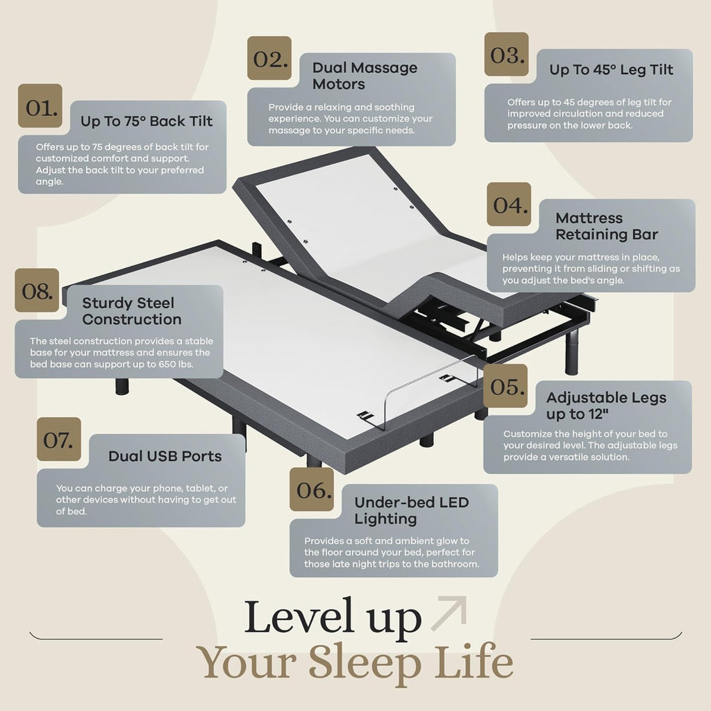 Classic Adjustable Bed Base, Head and Foot Lift, Massage, Under-Bed Lights, USB, Gel Memory, Zero Gravity Smart Frame