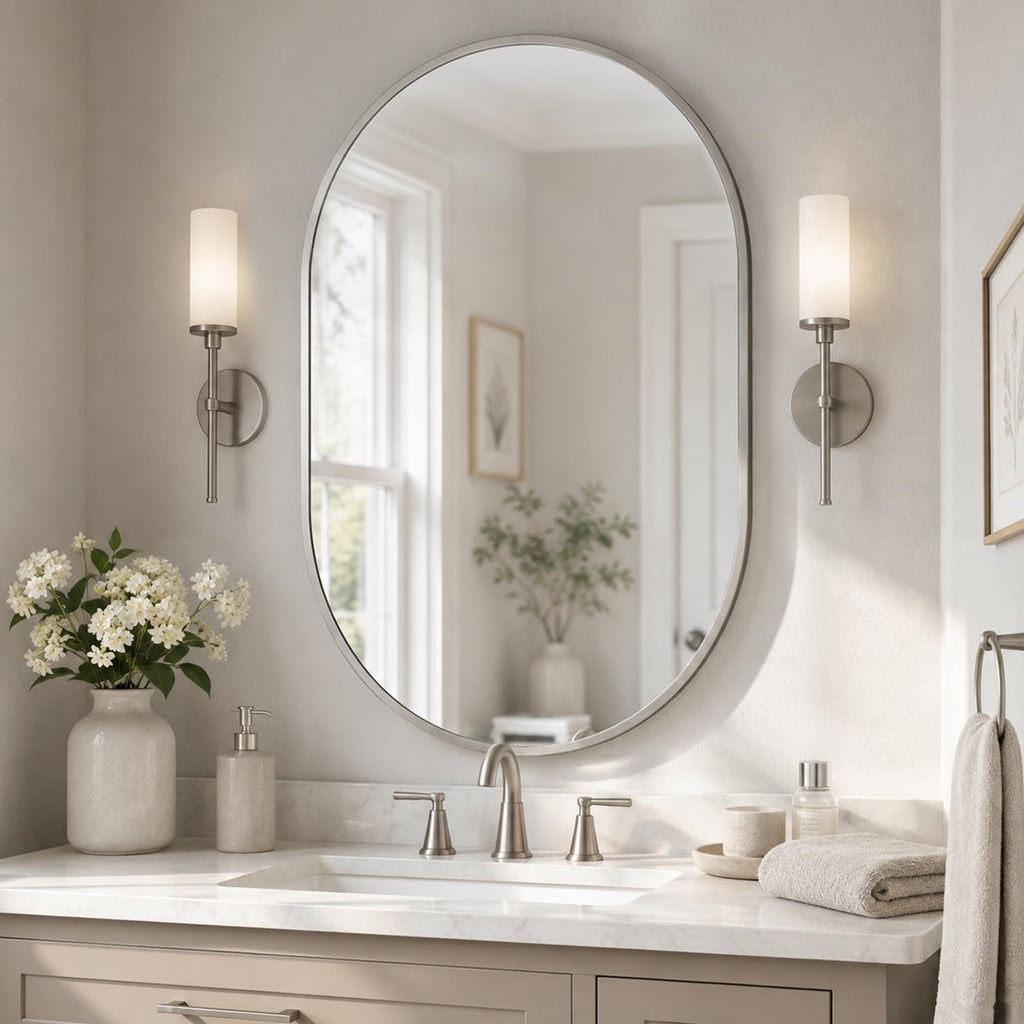 20x30 Inch Pill Shaped Bathroom Mirror for Vanity, Brushed Nickel