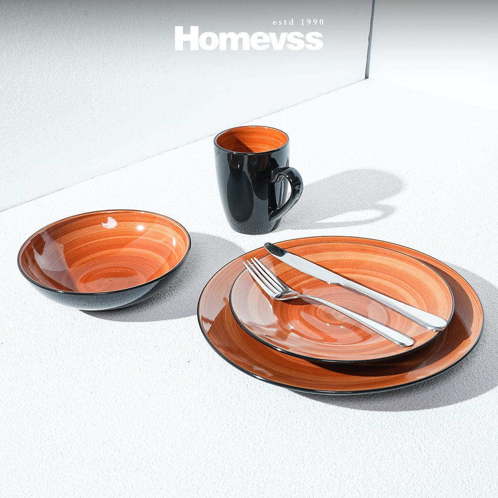 Sonoma Stoneware Dinnerware Set, outside Black plus inside Hand Painting Color, 16pc Set, Spice