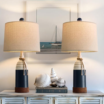 23.75" Table Lamps Set of 2, Bedside Lamps for Nightstands, Nautical Table Lamps, Coastal Ocean Beach Style, Resin