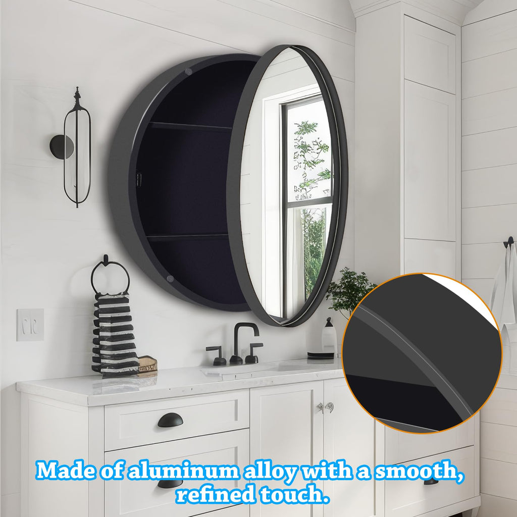 30 x 30 Inch Round Medicine Cabinet with Mirror, Surface Mount Only, Black Metal Frame Bathroom Mirror Cabinet