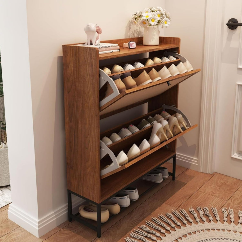 Narrow Shoe Storage Cabinet with 2 Flip Drawers, Walnut