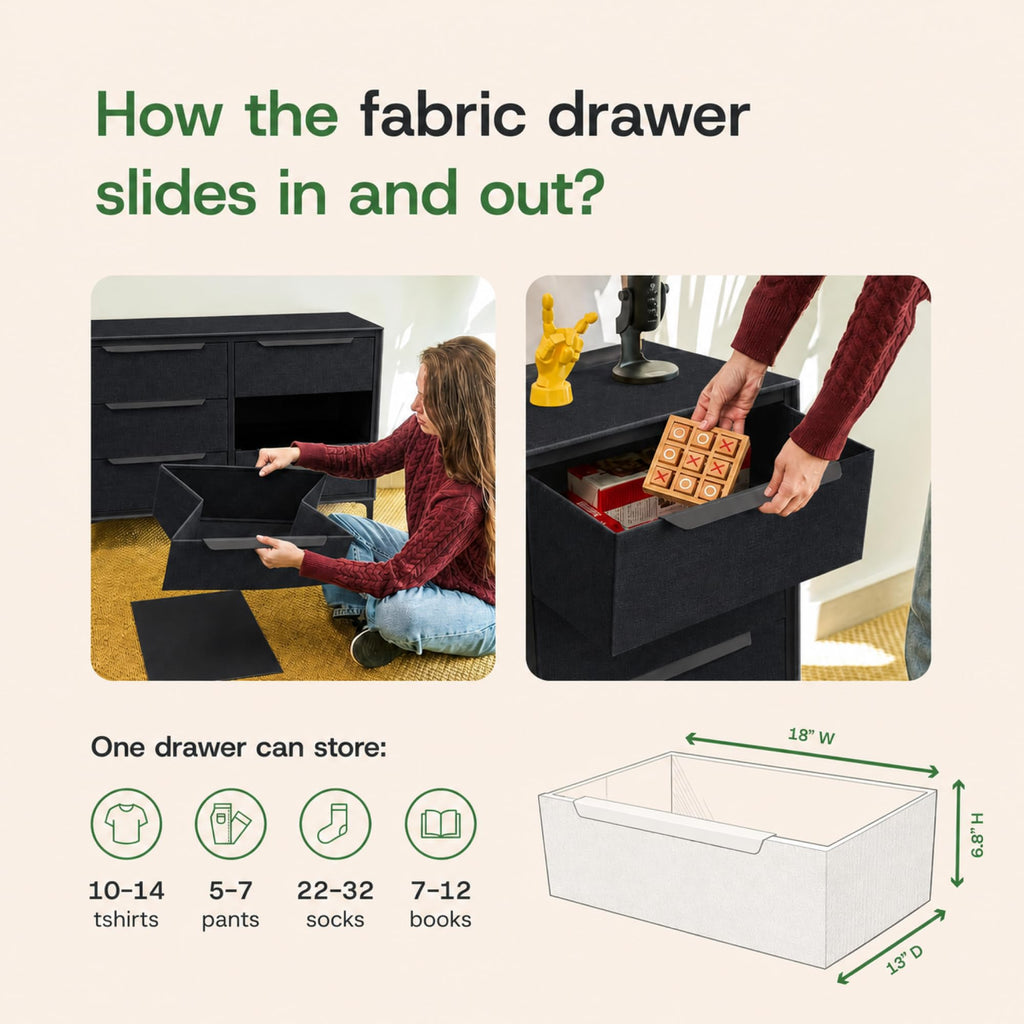 Naima 6-Drawer Premium Fabric Dresser, Waterproof, Black