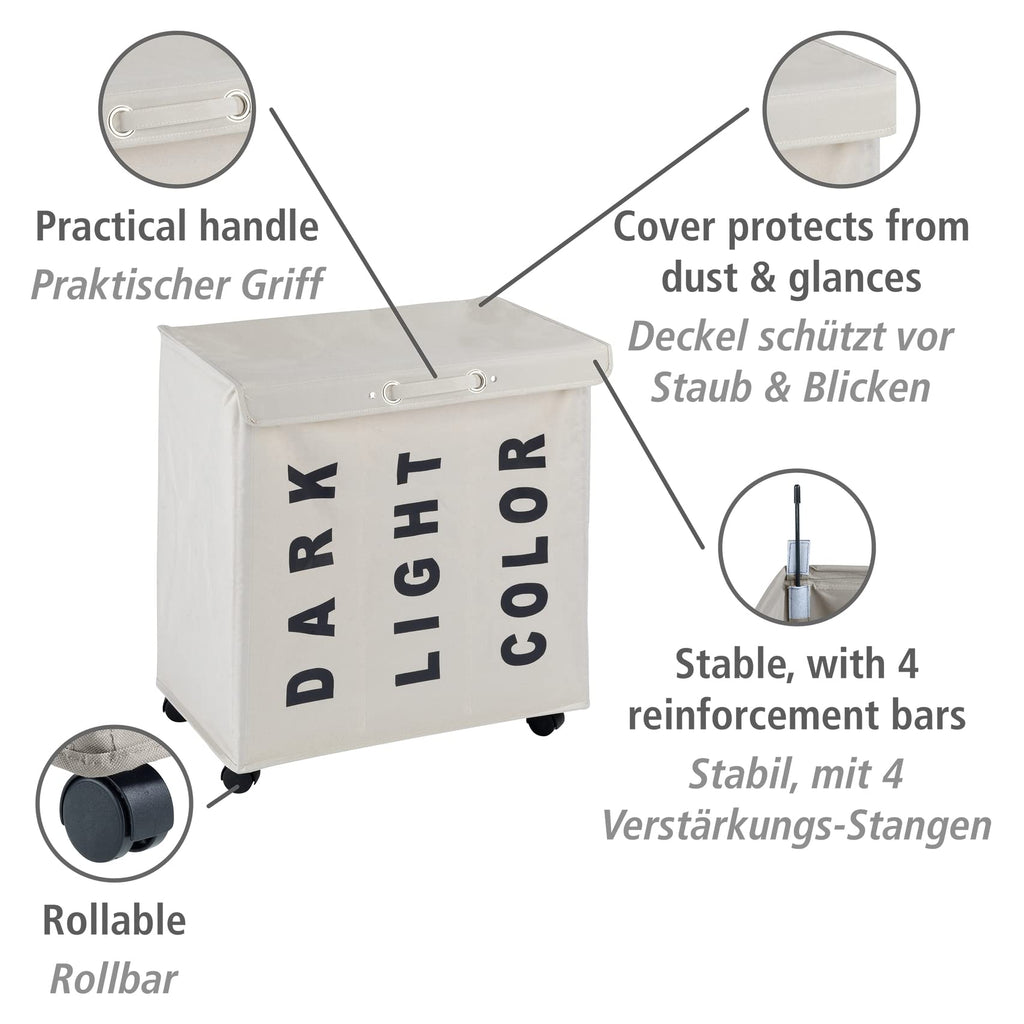 Trivo Laundry Sorter with 3 Sections (Dark, Light, Color), Laundry Basket on Wheels with Handle, Laundry Hamper with