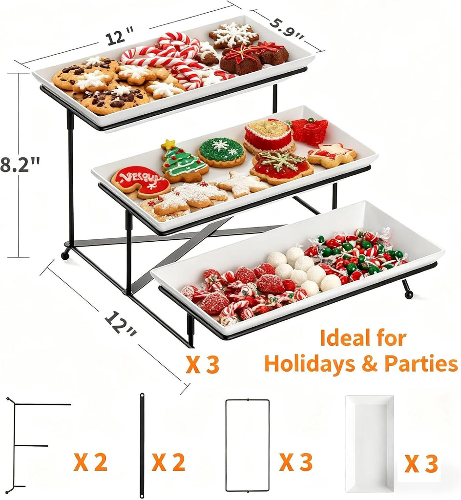 3 Tier Serving Tray, 12" White Plastic Tiered Food Serving Platters, Reusable Tray Stand Black Collapsible Metal