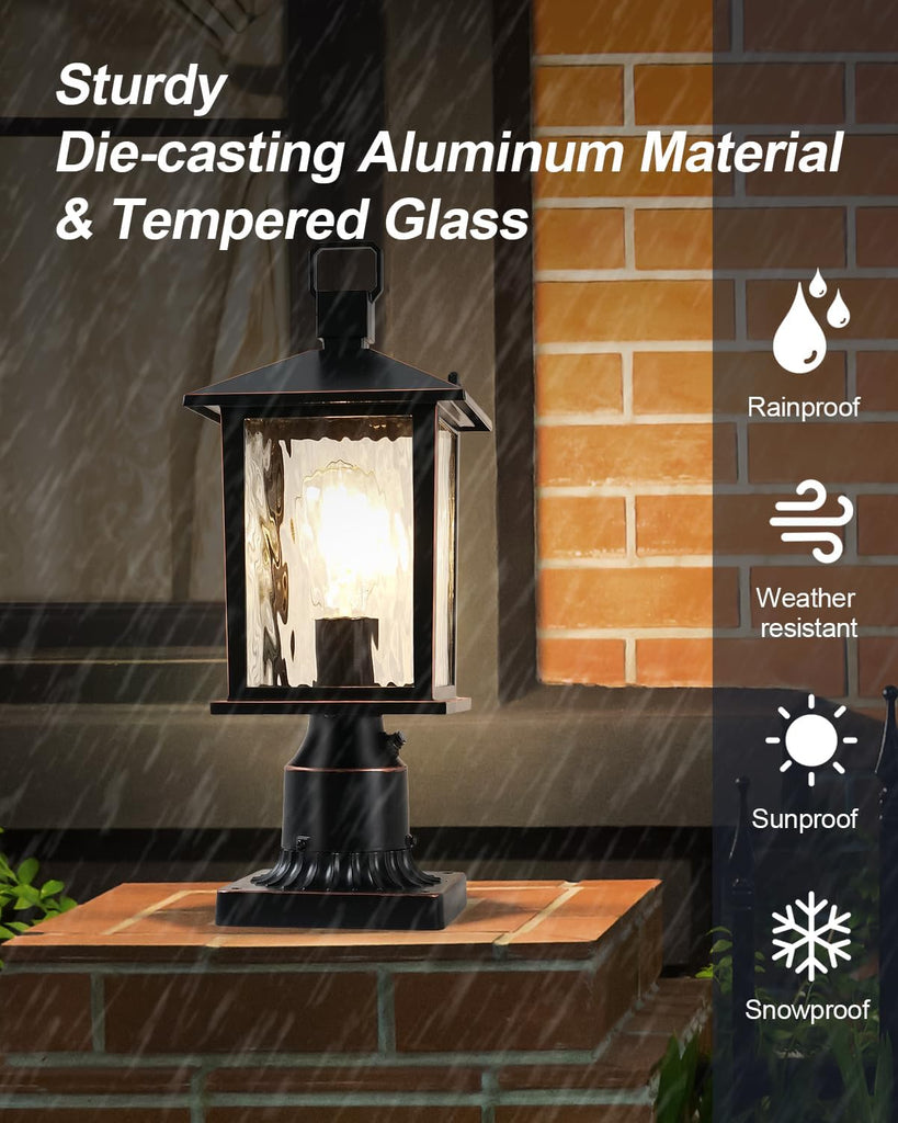 Dusk to Dawn Outdoor Post Light, Hardwired Oil-Rubbed Bronze Pole Lantern with Pier Mount Base, Water Ripple Glass