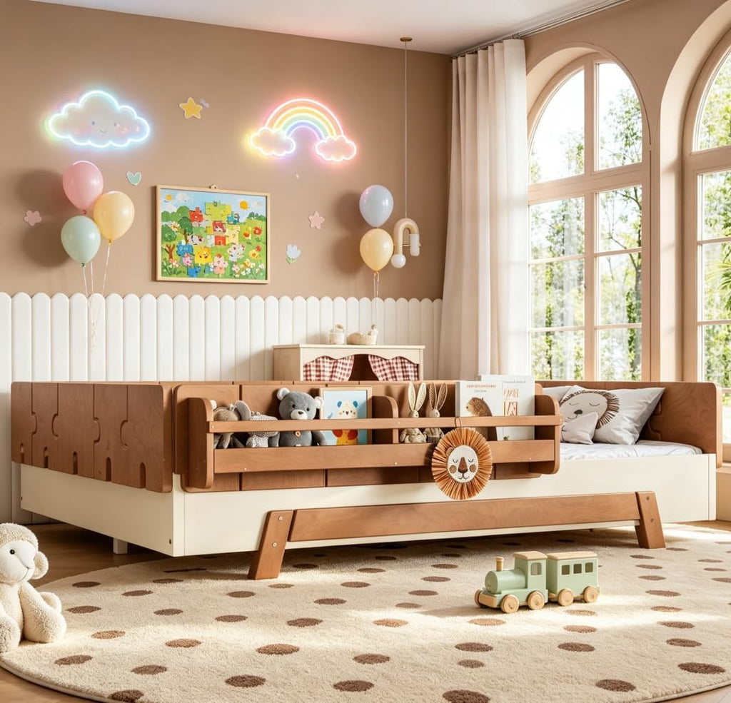 Montessori Floor Bed with high 15.4' Rails, Wood Floor Bed with slats and a Bookshelf, Beige & Deep Natural