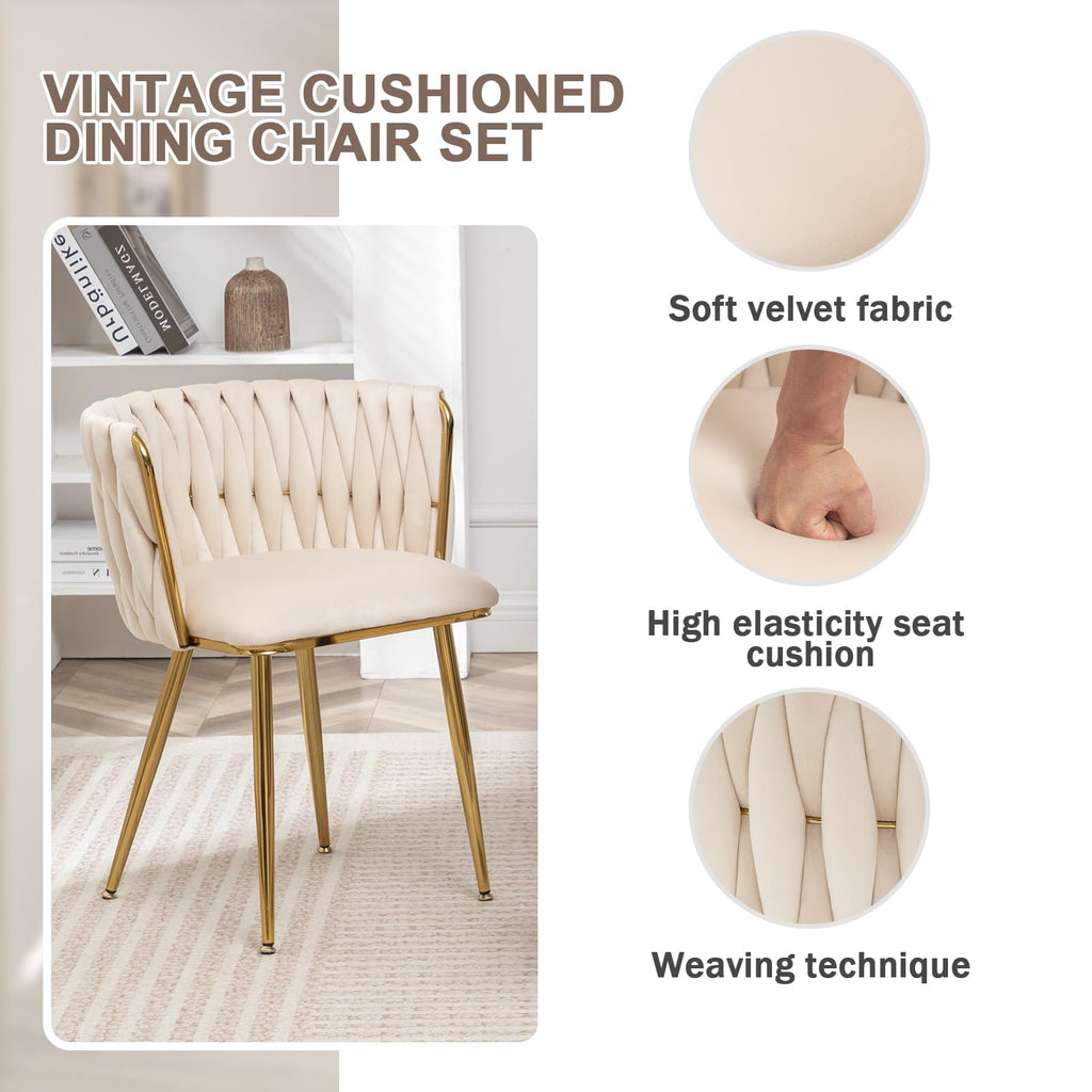 Velvet Dining Chairs Set of 2, Modern Upholstered Woven Dining Chairs with Gold Metal Legs, Modern Accent Chairs