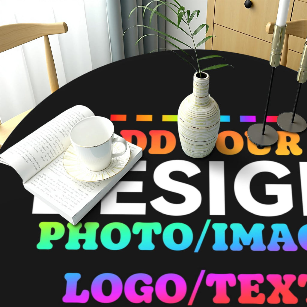 Custom Round Fitted Tablecloth with Elastic Edge, Design Your Photo, Text, Business Logo, Oil Proof Wipeable Table