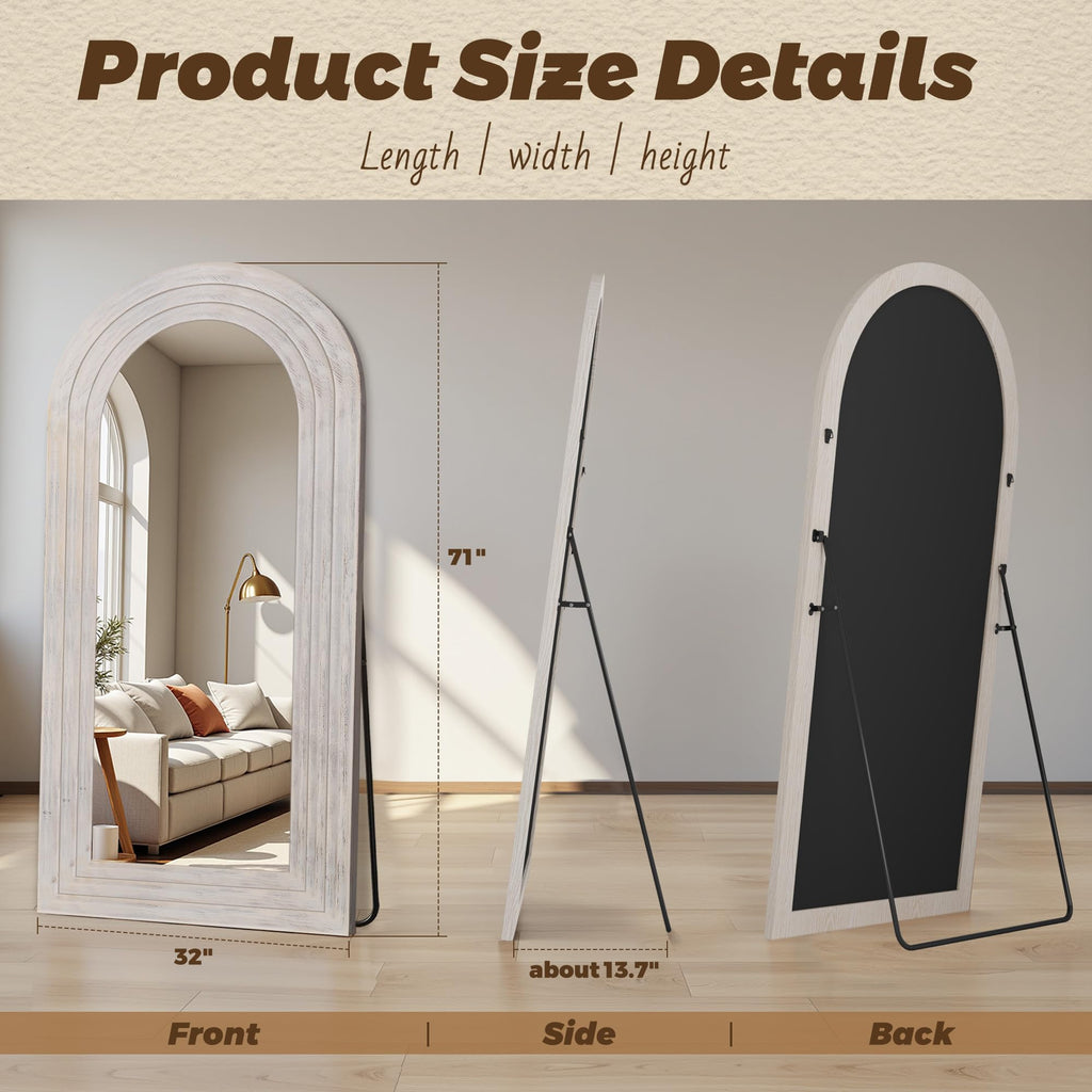 Full Length Mirror with Solid Wood Frame, 71"×32" Wall Mounted Oversized Floor Mirror with Stand, Leaning Standing