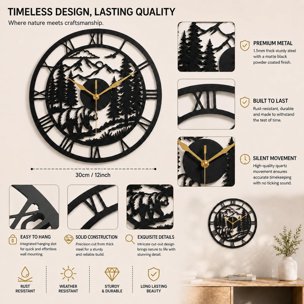 Metal Bear Wall Clock, Rustic Cabin Wall Clock, Mountain Wall Clock, Woodland Decor, Roman Numeral Wall Clock