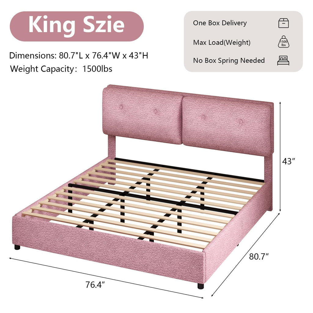 King Size Bed Frame, Boucle Upholstered Bed Frame with Headboard, Removable and Washable, No Box Spring Needed, Wood