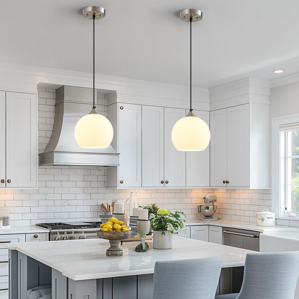 White Pendant Lights Kitchen Island 1 Pack, 7.87 in Milk Glass Globe