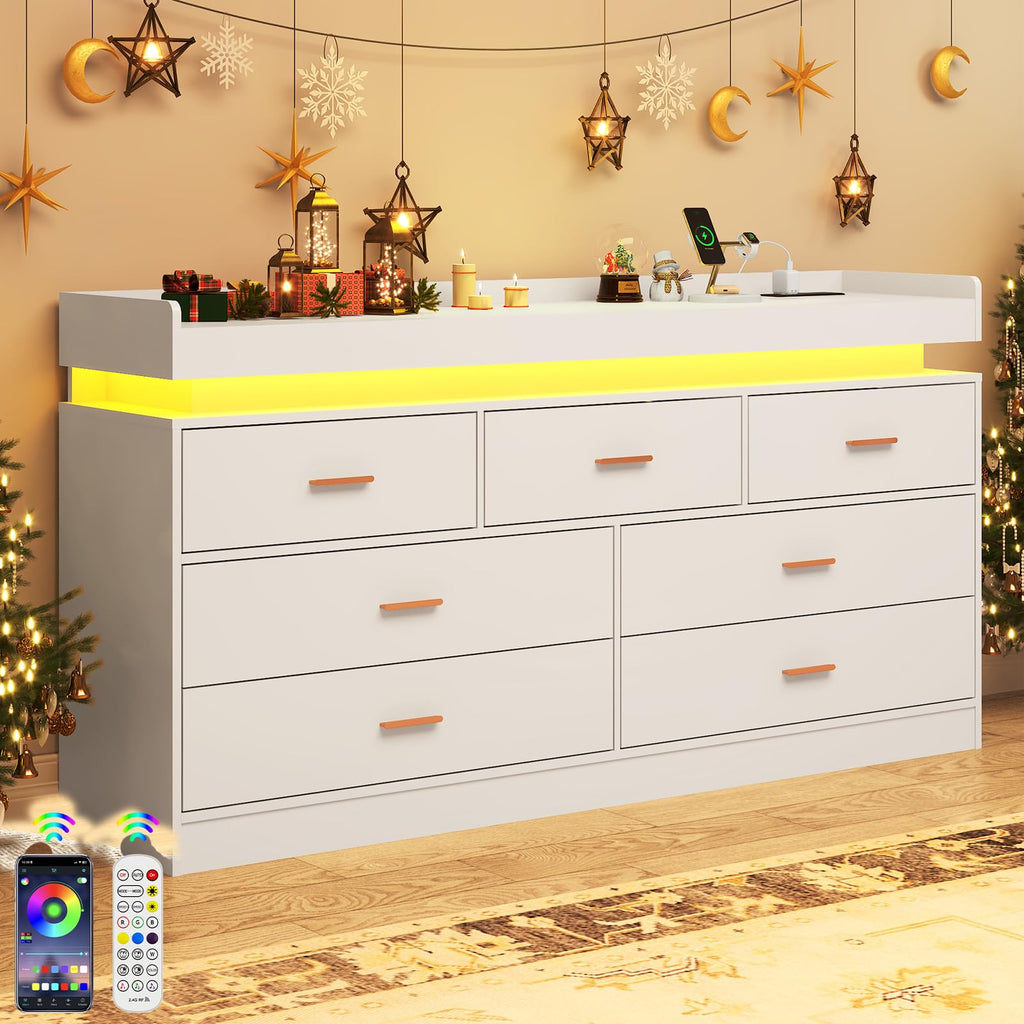 7 Drawer Dresser with Charging Station and LED Lights, Modern Chest of Drawers with Power Outlet, Organizer Cabinet