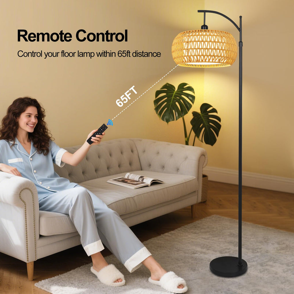 Arc Floor Lamps Rattan Boho Floor Lamp with Remote Control,Dimmable LED Floor Lamp Wicker Lamp Shades Black Standing