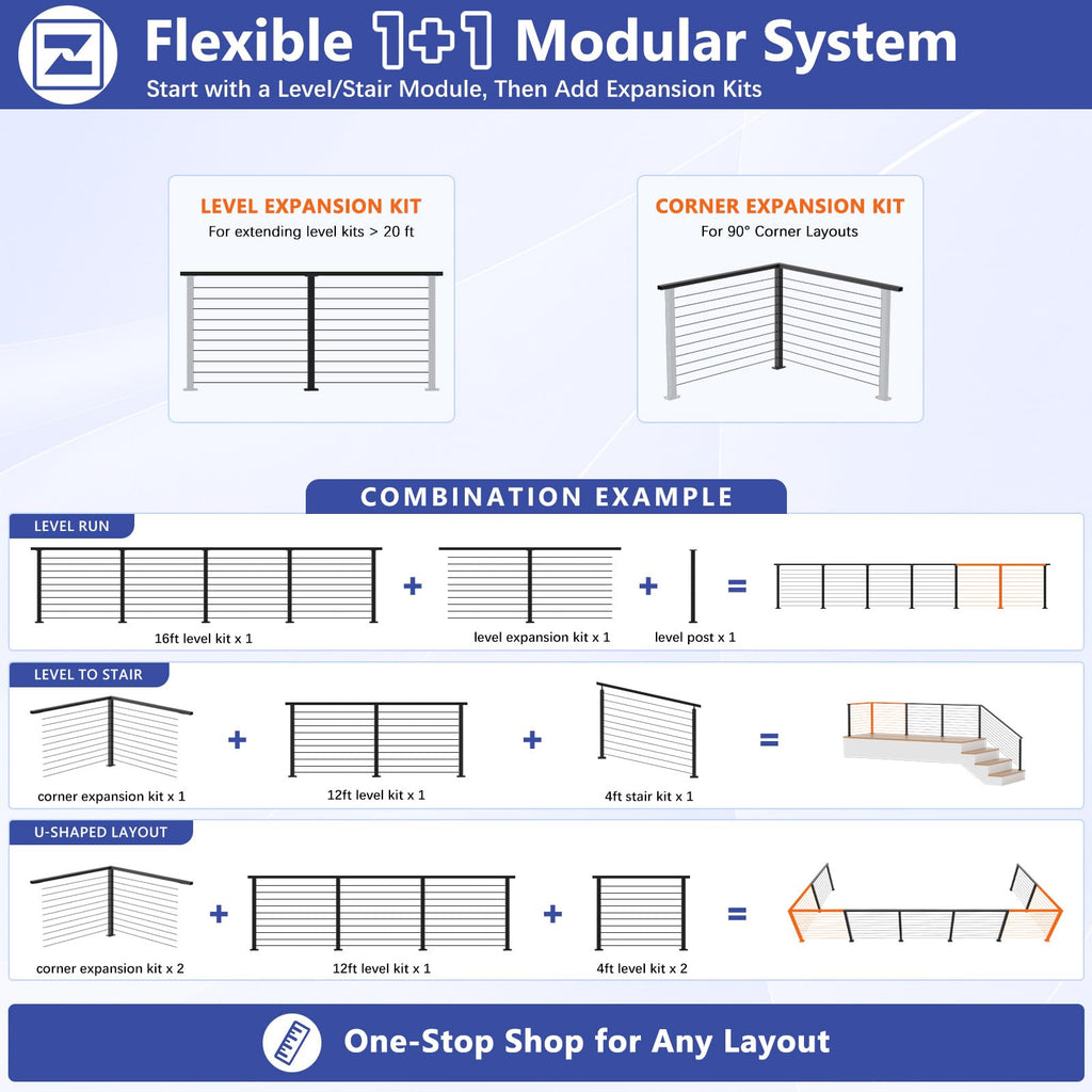8ft-12ft Modular 42in Cable Railing System for Deck with Handrail