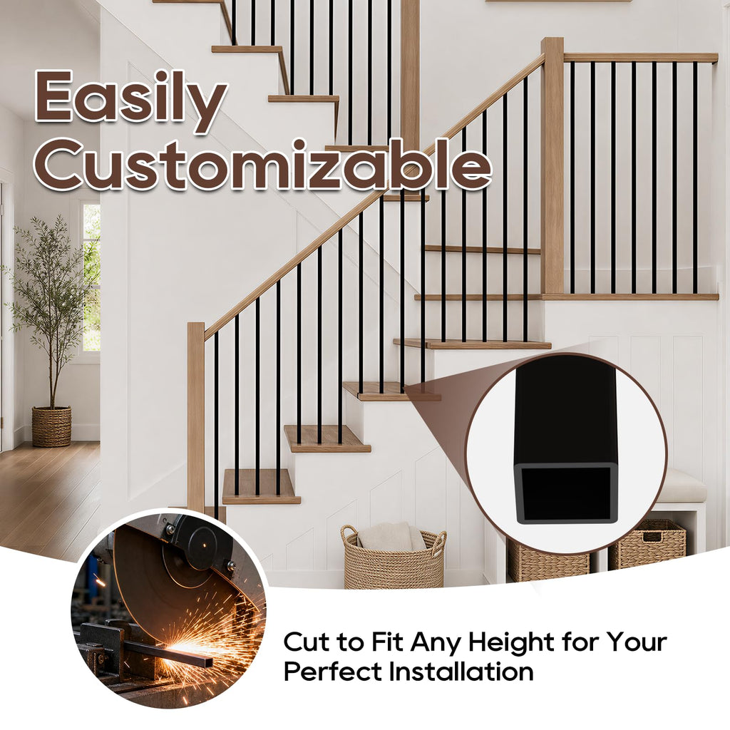 8 Pack Wrought Iron Balusters, 1/2" x 44" Inch Square Hollow Metal Balusters for Staircase Railing, Modern Straight