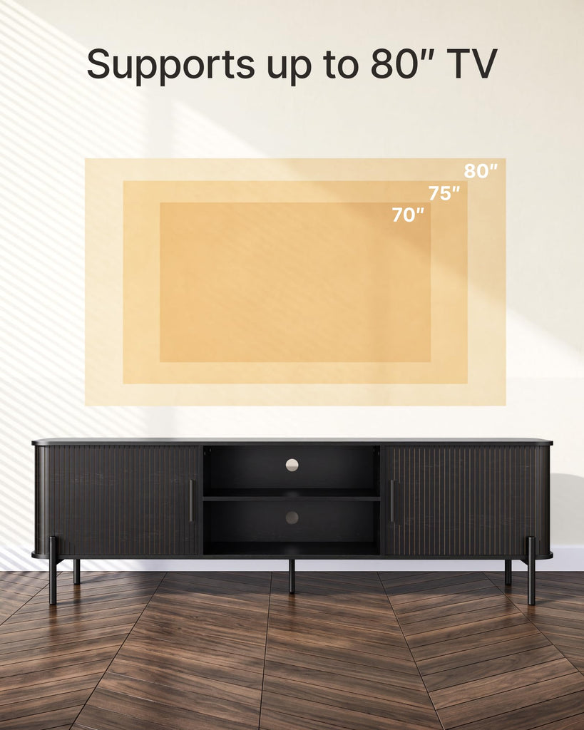 70" Mid-Century Fluted TV Stand with Storage up to 80 Inch, Black