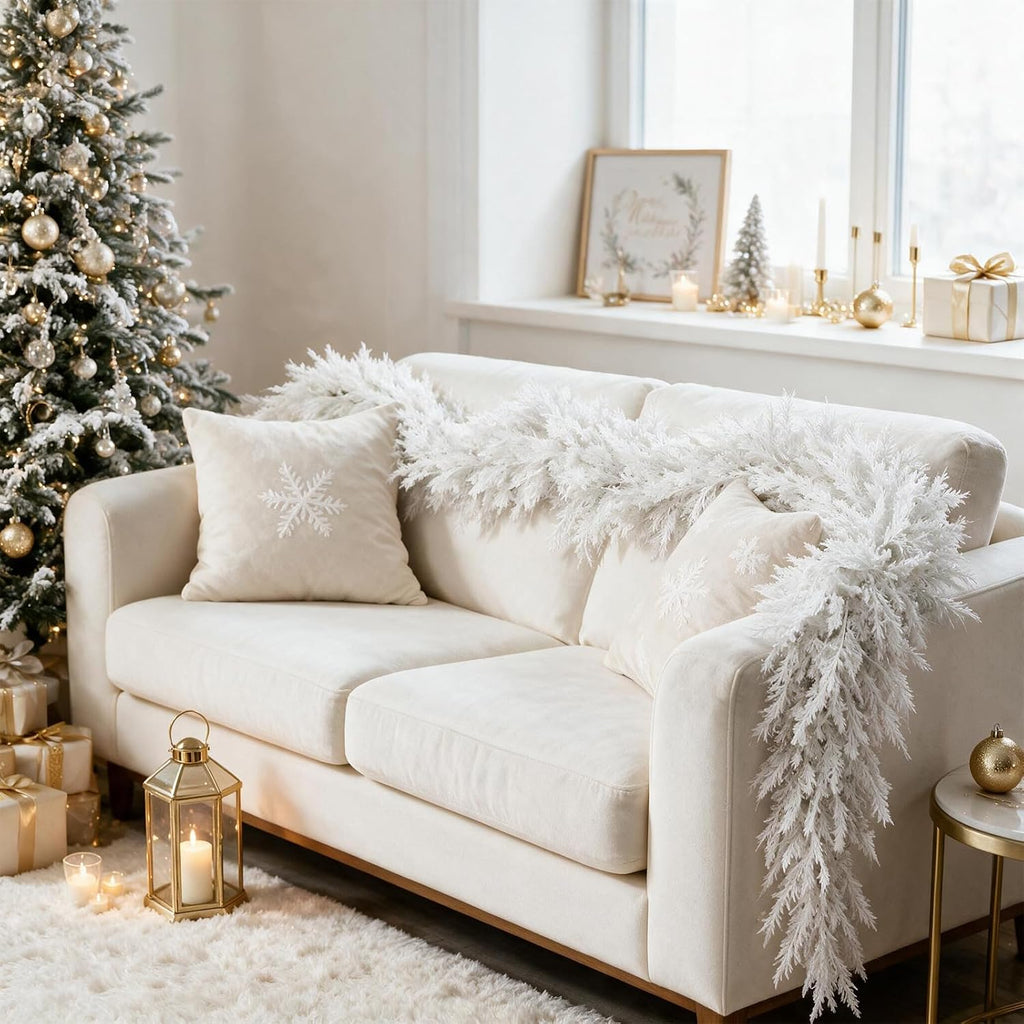 12FT White Christmas Cedar Garland, Realistic Artificial Garland, Winter Snowy Xmas Decorations Indoor Outdoor, Faux
