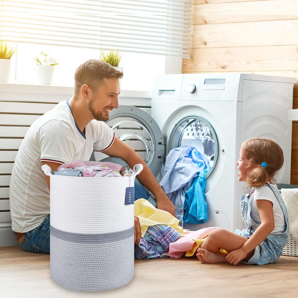 Tall Woven Blanket & Laundry Basket, 72L, Blend White & Gray