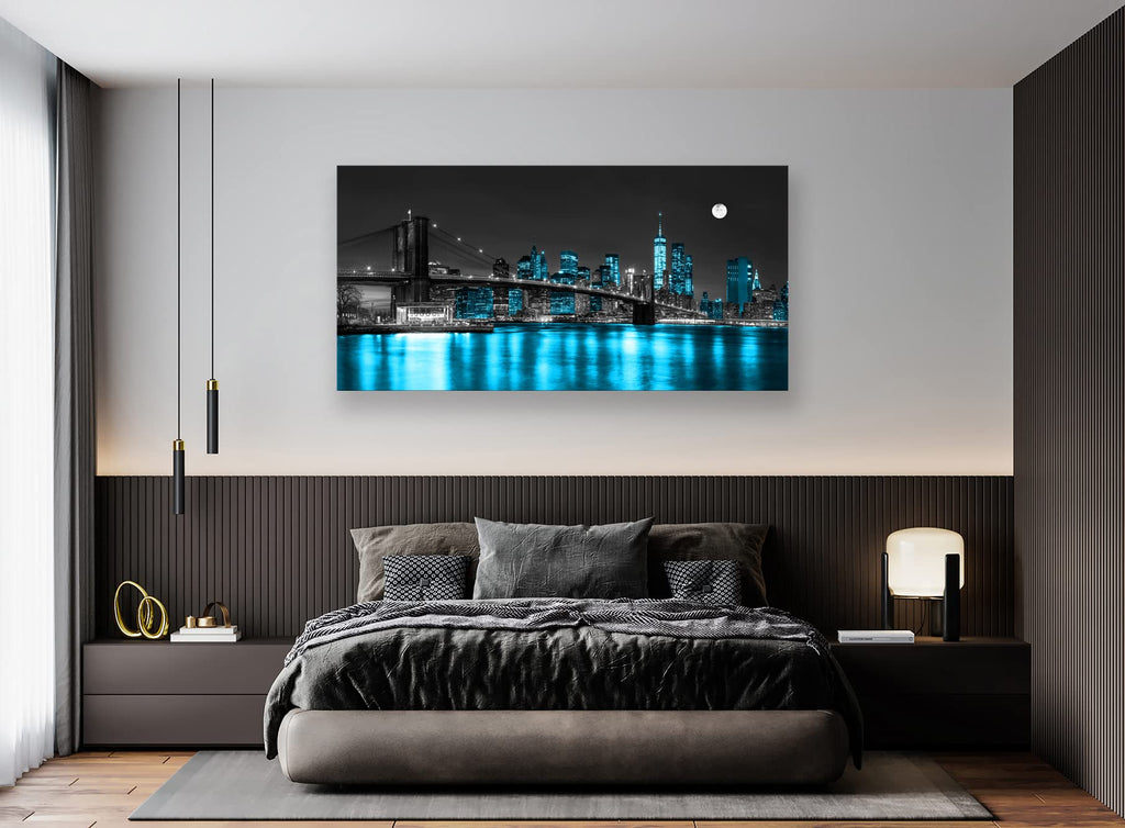 Wall Canvas Painting Black White and Blue New York Brooklyn Bridge 1 Piece Cityscape Night Building Picture Poster