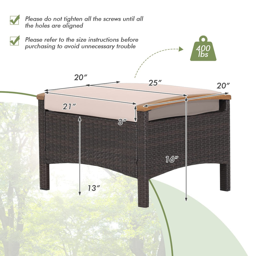 Set of 2 Outdoor Patio Ottoman PE Rattan Wicker Ottomans with Removable Cushions and Solid Acacia Wood Handle Outdoor