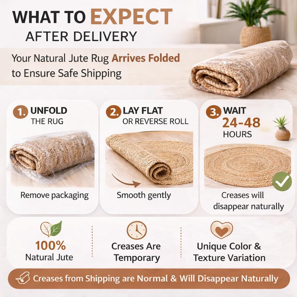 Hand Woven Jute Area Rug - Circle Boho Round Jute Rug 5 Foot | 5' Round - Rustic Beige Reversible Farmhouse Rugs