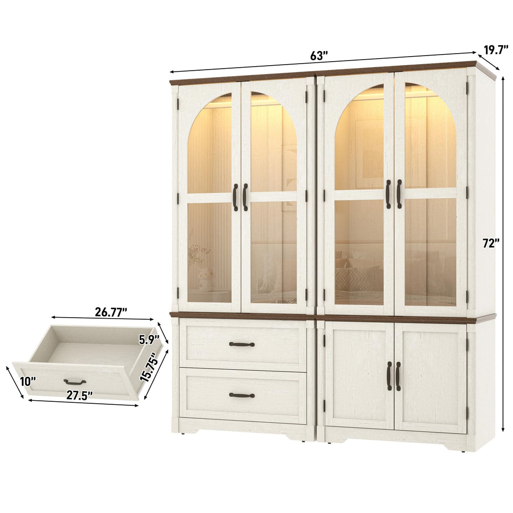 Tall Farmhouse 4 Doors Armoire Wardrobe Closet with LED, 72" Freestanding Arched Wardrobe Closet Cabinet w Glass