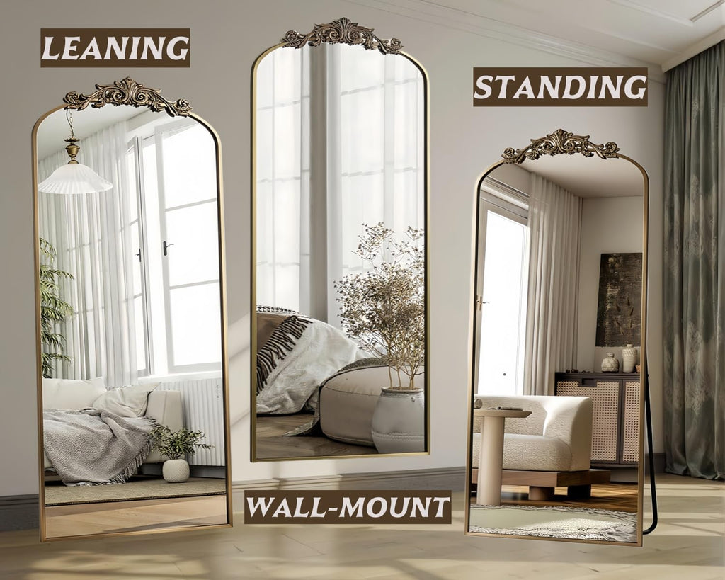 Arched Full Length Mirror, 71"x32" Floor Mirror with Carved, Bronze