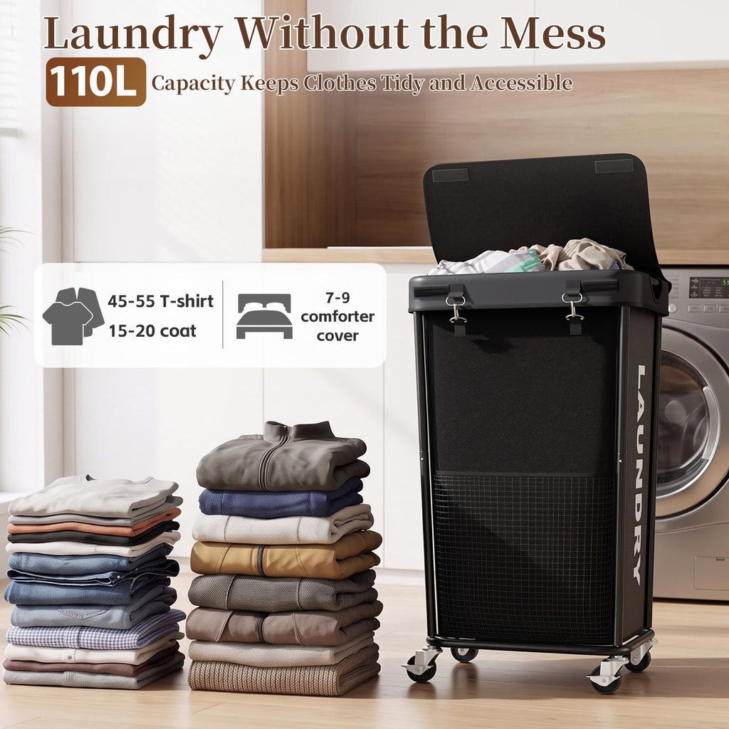 Hamper with Wheels and Lid, 110L Large Rolling Laundry Basket Black