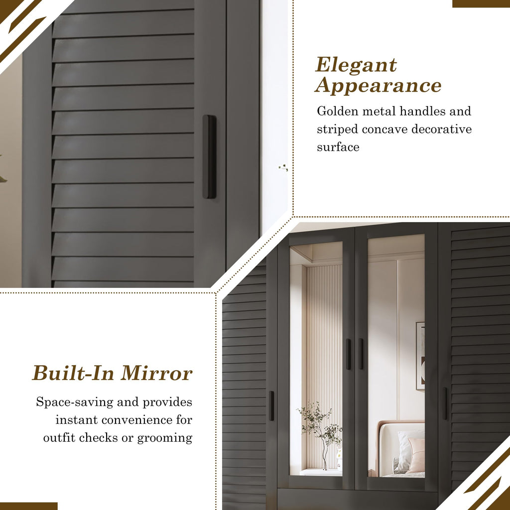 4 Door Armoire Wardrobe Closet Cabinet with Drawers and LED Lights, Multi-Tier Shelves, Hanging Rod & Louver Doors