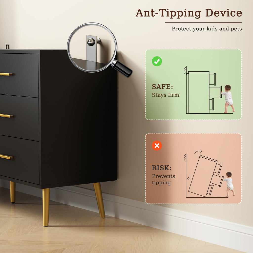 Black 6 Drawer Dresser, 47" Wood Dresser with Gold Handles