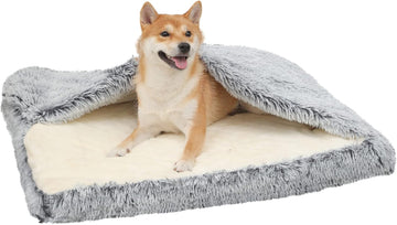 Dog Bed with Cover Cave, Orthopedic Dog Bed with Blanket, 33.5 * Rectangle Pet Crate Cozy Cuddler Mat