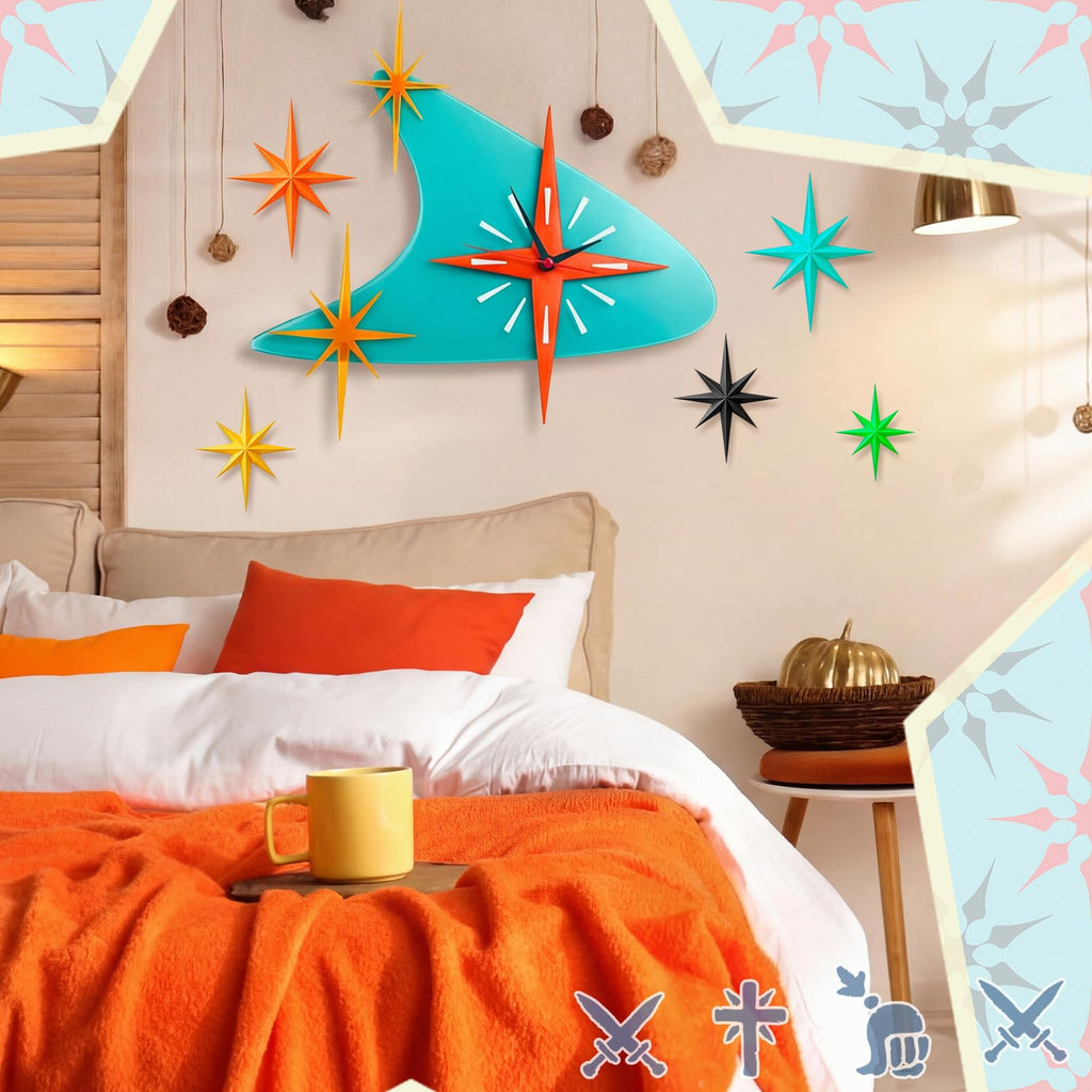 25 inch Mid Century Modern Wall Clock Decor with 5 Pcs Retro 3D Star Art Wall Sculpture Starburst Clock art Vintage