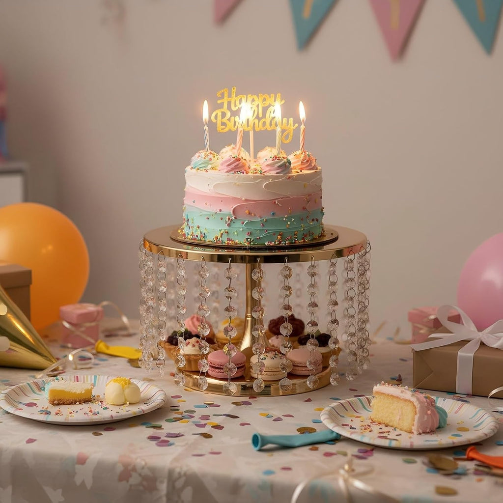 Cake Stand for Dessert Table 10 Inch Gold Crystal Pendants Metal Cake Stand Serves as A Round Dessert Cupcake Display