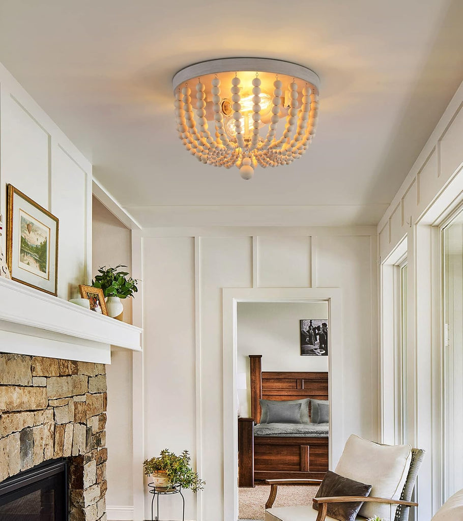 Boho Chandelier Wood Beaded Flush Mount Ceiling Light Fixtures Baby Bedroom Kitchen Hallway,Oak White Finish, Lights