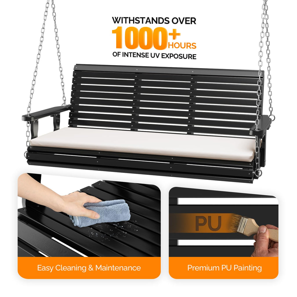 Wooden Porch Swing, Heavy Duty 880 LBS Hanging Patio Bench with Extra Cushion for Lawn| Garden| Courtyard (Black, 5