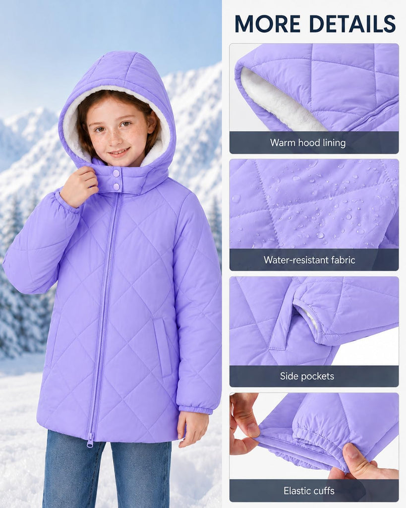 Girls Winter Coat Fleece Lined Hooded Puffer Jacket Warm Outwear