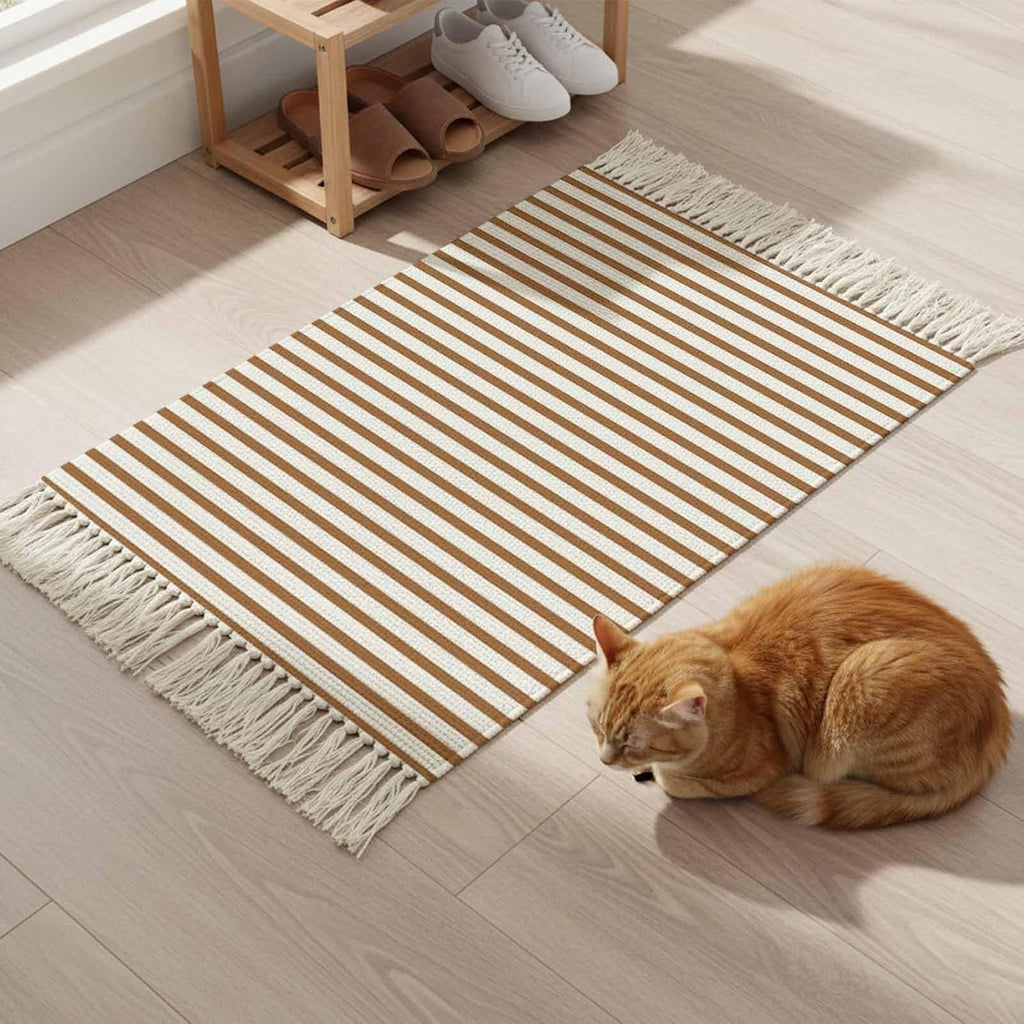 Minimalist Chestnut Brown Striped Runner Rug with Tassel Modern Art Vertical Line Print Entryway Rugs Washable