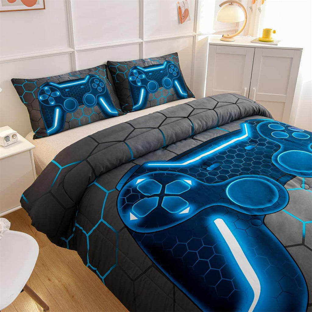 Game Console Comforter Set for Boys Girls Kids 3D Gaming Geometric Lightweight Microfiber Bedding Sets (Blue, Twin)