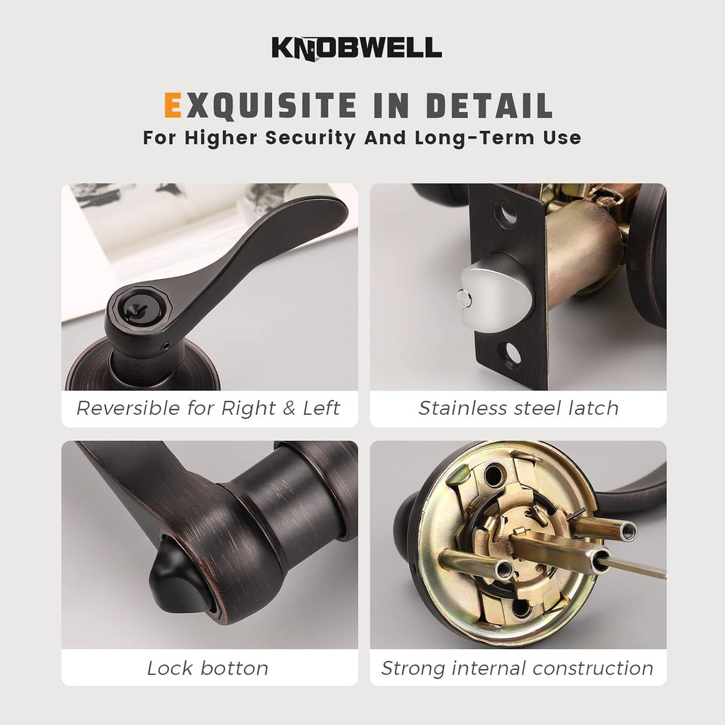 2 Pack Bronze Door Knobs, Exterior Door Handle Levers for Gate/Front Doors, Rubbed Brush Entry Door Handle with Lock