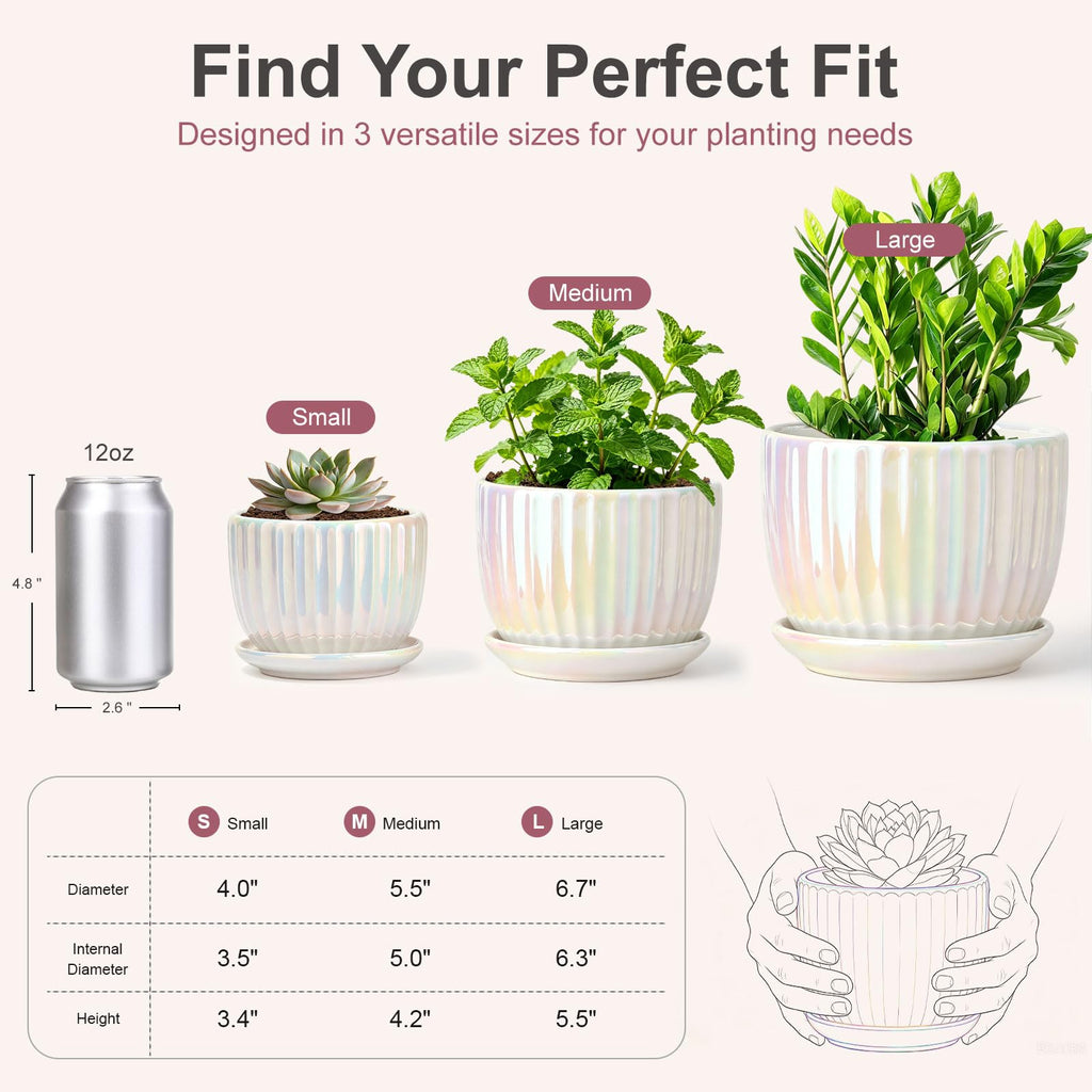 Plant Pots, Ceramic Flower Pots with Drainage Holes & Saucer Set of 3(Pearl)