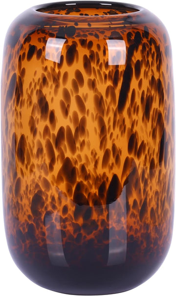 Amber Brown Glass Vase - Round Art Glass Vase with Tortoise Shell Pattern, Hand Blown Wide Mouth Decorative