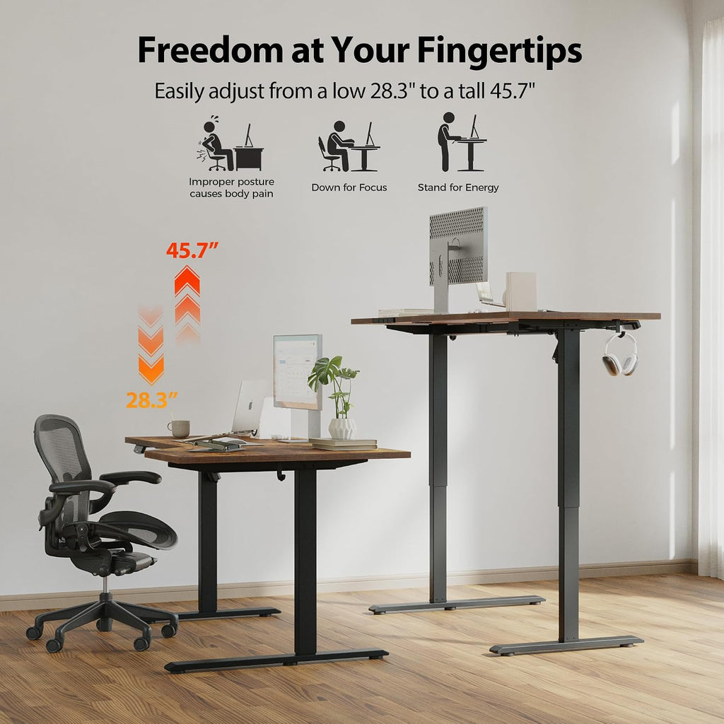 55 x 32 Inch Corner L Shaped Electric Standing Desk, Rustic Brown | Electric Height Adjustable, L-shape Workspace